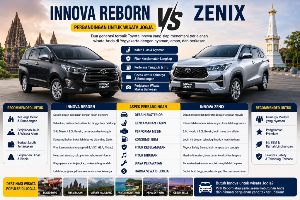 Infografis perbandingan Toyota Innova Reborn vs Toyota Innova Zenix untuk wisata Jogja yang menampilkan perbedaan desain, kenyamanan, performa mesin, konsumsi bahan bakar, fitur keselamatan, dan harga sewa kendaraan keluarga di Yogyakarta.