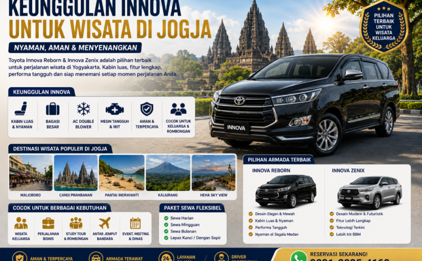 Keunggulan Toyota Innova untuk wisata di Jogja dengan kabin luas, bagasi besar, AC double blower, dan kenyamanan maksimal untuk perjalanan keluarga, rombongan, maupun wisata bisnis di Yogyakarta.
