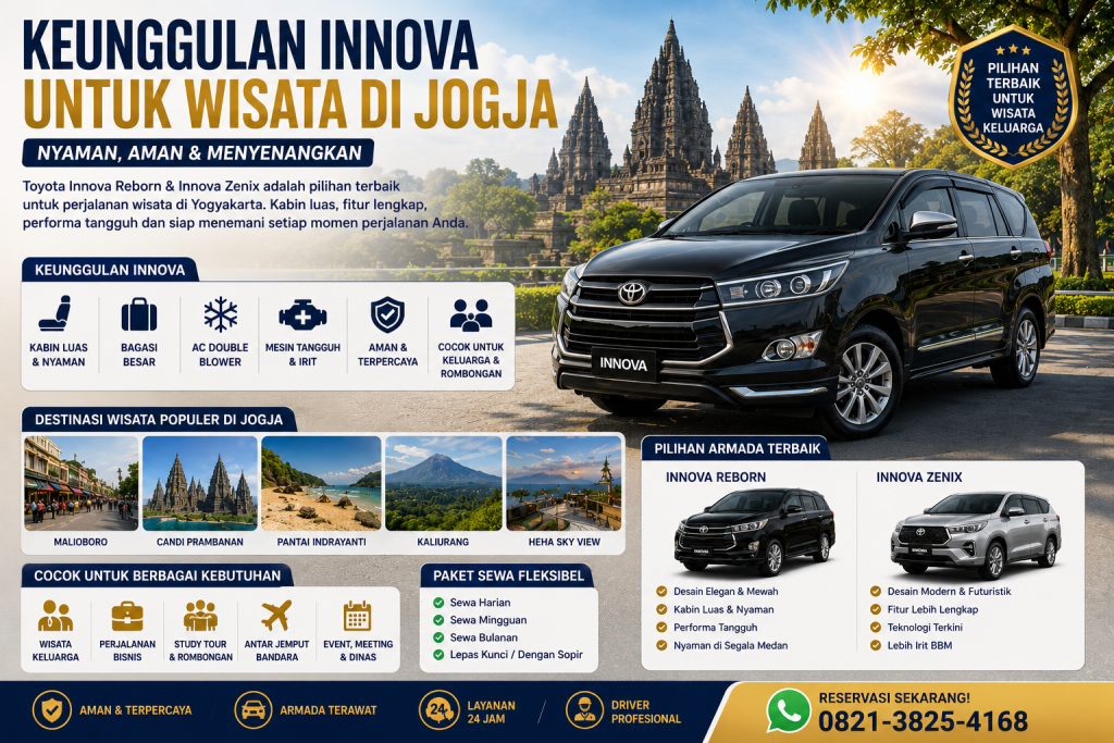 Keunggulan Toyota Innova untuk wisata di Jogja dengan kabin luas, bagasi besar, AC double blower, dan kenyamanan maksimal untuk perjalanan keluarga, rombongan, maupun wisata bisnis di Yogyakarta.
