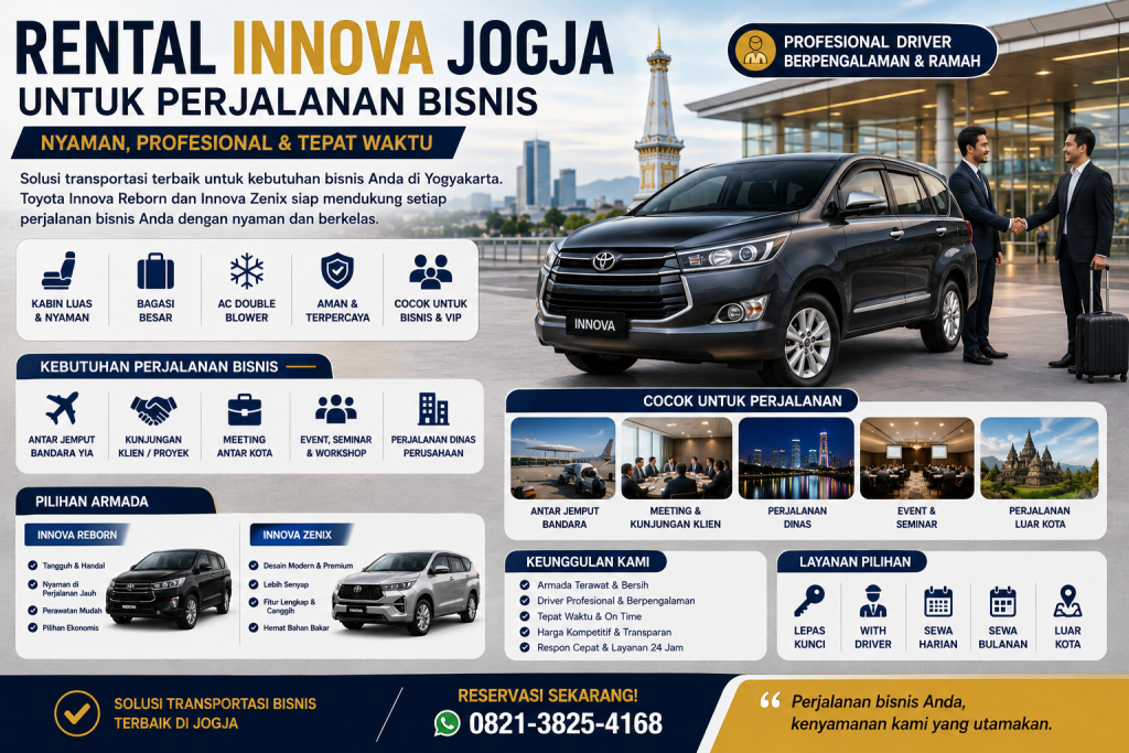 Rental Innova Jogja untuk perjalanan bisnis menggunakan Toyota Innova Reborn dan Innova Zenix yang nyaman, profesional, dan cocok untuk meeting, kunjungan klien, antar jemput bandara, serta perjalanan dinas di Yogyakarta.