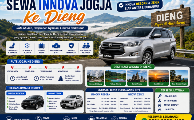 Sewa Innova Jogja ke Dieng menggunakan Toyota Innova Reborn dan Innova Zenix dengan rute Yogyakarta, Magelang, Temanggung, Wonosobo hingga Dieng untuk perjalanan wisata keluarga yang nyaman dan aman.