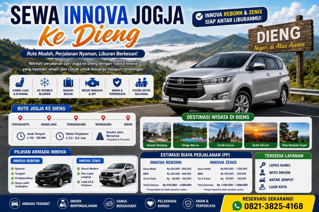 Sewa Innova Jogja ke Dieng menggunakan Toyota Innova Reborn dan Innova Zenix dengan rute Yogyakarta, Magelang, Temanggung, Wonosobo hingga Dieng untuk perjalanan wisata keluarga yang nyaman dan aman.