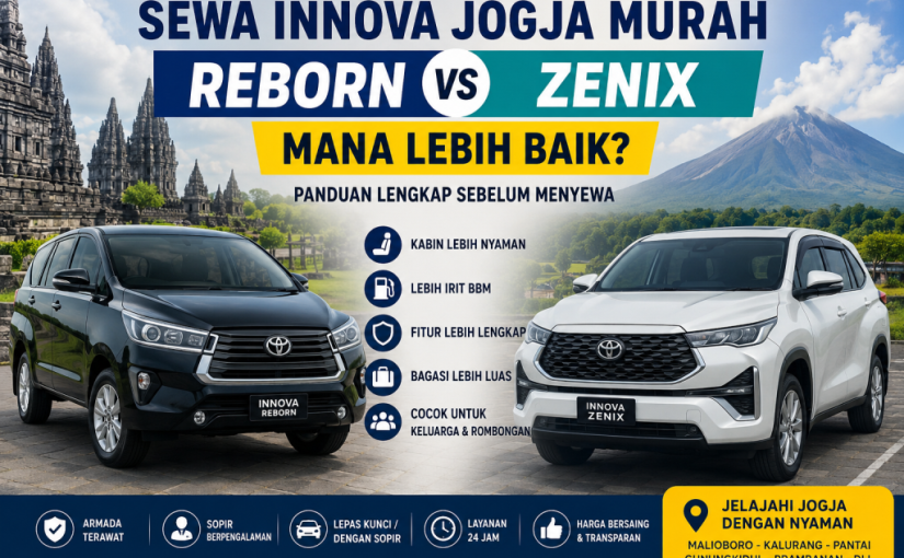 Perbandingan Toyota Innova Reborn dan Toyota Innova Zenix untuk sewa Innova Jogja murah dengan latar wisata Yogyakarta, menampilkan keunggulan kenyamanan kabin, efisiensi bahan bakar, fitur modern, dan kapasitas keluarga untuk perjalanan wisata di Jogja.