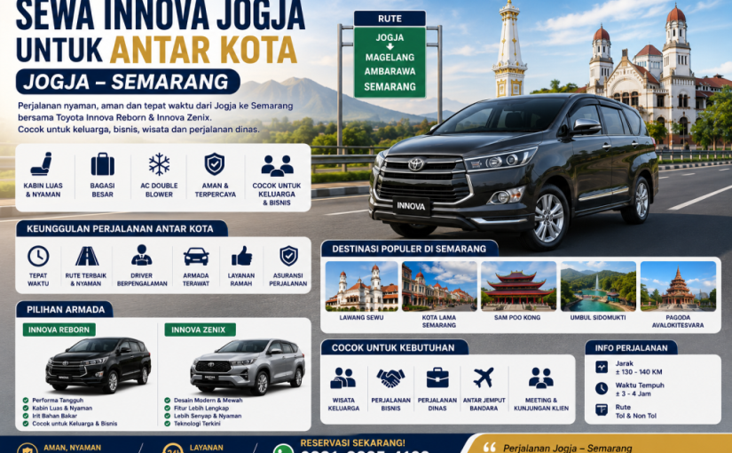 Sewa Innova Jogja untuk antar kota Jogja Semarang menggunakan Toyota Innova Reborn dan Innova Zenix yang nyaman, aman, dan cocok untuk perjalanan keluarga, bisnis, maupun perjalanan dinas.