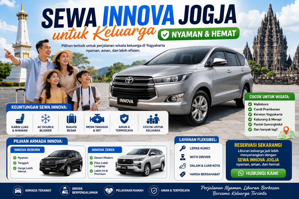 Sewa Innova Jogja untuk keluarga dengan Toyota Innova Reborn dan Innova Zenix yang nyaman, hemat, dan cocok untuk wisata keluarga ke Malioboro, Prambanan, Merapi, serta Pantai Gunungkidul di Yogyakarta.